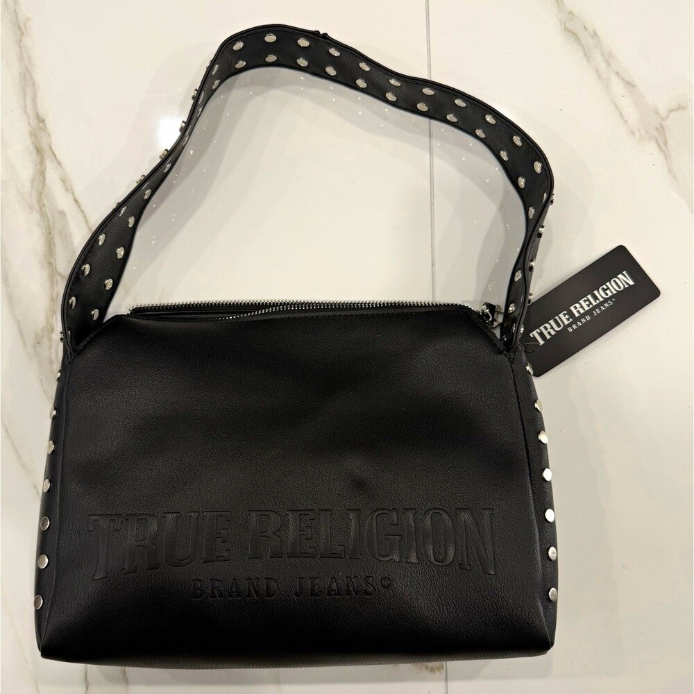 True Religion Black Leather Studded Shoulder Bag Zip Top Silver Hardware Lined